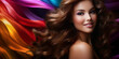 © zamuruev - Brunette girl with long and shiny wavy hair on rainbow background. hairstyle, hair care concept