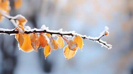 Canvas Print - Yellow leaves and catkins of birch tree covered first snow. Winter or late autumn scene, beautiful nature frozen leaf on blurred background, it is snowing. Natural environment branches of tree closeup