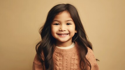 Little girl in a studio setting, dressed neutrally, exudes joy with her smile against a beige background. Generative AI