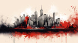 Fototapeta  - Ciudad de Nueva York, dibujada en tinta, duotono, blanco y rojo.