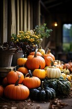 Fall Pumpkins On The Porch Of Farm House. Autumn Scenery