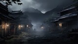 A samurai stands in the alley of an old house in the Kicho Valley at night.Generated with AI