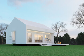 Wall Mural - Minimal style white house exterior with clean green lawn 3d render