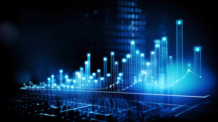 A business candlestick banner  graph chart of stock market investment trading on blue digital background, bullish point ,upward trend, financial analytics concept of monochrome graph diagram like sky