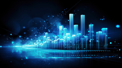 A business candlestick banner  graph chart of stock market investment trading on blue digital background, bullish point ,upward trend, financial analytics concept of monochrome graph diagram like sky