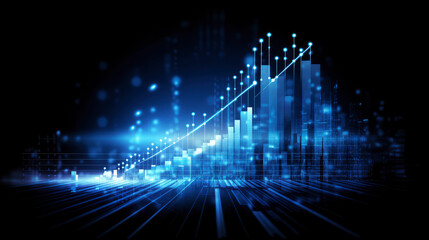A business candlestick banner  graph chart of stock market investment trading on blue digital background, bullish point ,upward trend, financial analytics concept of monochrome graph diagram like sky