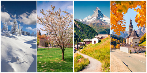 Sticker - Collage of four seasons landscapes. Set of vertical pictures of nature background arranged in panoramic view. Wonderful outdoor scene of majestic mountains, green meadows and blooming flowers.