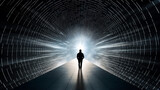 Fototapeta Przestrzenne - silhouette of a man walking through a tunnel towards the information flow. futuristic illustration. Generative Ai