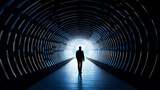 Fototapeta Przestrzenne - A lonely silhouette of a man walking through a tunnel, symbolizing the flow of information. futuristic illustration. Generative Ai