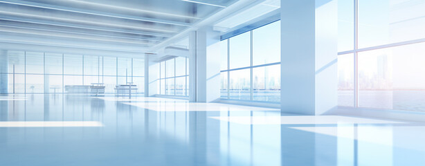 Sticker - modern building interiors with large panoramic windows flooded with sunlight. Generative Ai