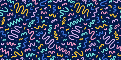 Wall Mural - colorful seamless pattern of the 80s 90s with geometric figures and doodles. vector childrens backgr