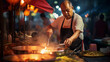 © Marco Attano - Street food vendor in Bangkok, cooking Pad Thai, vibrant night market atmosphere, neon signs, wok flare, smoke rising