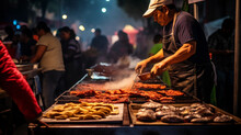 Mexican Street Food, Tacos Al Pastor, Vendor Slicing From Vertical Rotisserie, Vibrant Salsa In The Foreground