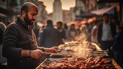 Wall Mural - Street food scene in Istanbul, grilling lamb skewers, bustling bazaar in the background, aromatic spices in the air