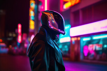 Wall Mural - Man wearing futuristic armour on neon lighted street