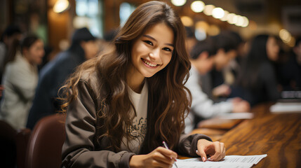 Wall Mural - Portrait of a beautiful young asian woman making exam