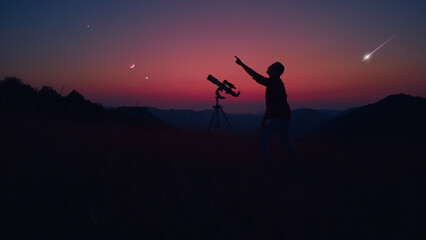 Wall Mural - astronomer looking at the stars, planets, moon and celestial objects with a telescope.