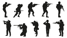 Soldier And Army Force Silhouette Collection For Veterans Day. Set Of Army Soldier Icons. Black Soldiers Silhouette Isolated