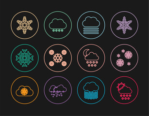 Sticker - Set line Cloud with snow and sun, Snow, Fog cloud, Snowflake, moon and icon. Vector