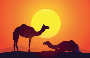 Wall Mural - Camels at Desert Sunset