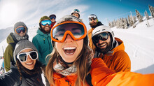 Group Selfie Photo Girl Ski Goggles Wearing Ski Clothing Helmet Skiing With Friends In The Alps Rocky Mountains Travelling Vacation Winter Sport Snowboarding Holydays Olympic Concept Generative AI