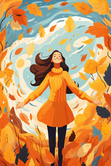 Wall Mural - Meditating happy leaf women autum character active