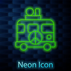 Poster - Glowing neon line Hippie camper van icon isolated on brick wall background. Travel by vintage bus. Tourism, summer holiday. Vector