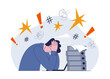 Professional burnout. Exhausted man sitting at his workplace in office holding his head. Concept of emotional burnout, stress, tiredness, mental health problems. Flat style vector illustration.