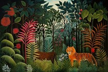 Equatorial Jungle, 1909 Painting, Oil On Canvas. Rousseau, A Retired Clerk, Became A Full-time Artist. Generative AI