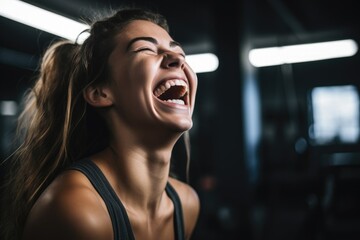 Poster - shot of a young woman laughing during her workout in the gym