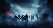 Misty Night Evening With The Zombies Walking In The Abandoned City Background. Dead Men Running Dramatic Halloween Scene