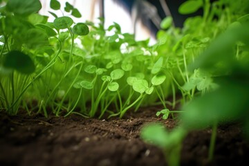 Poster - closeup of a green vine growing from the soil in a greenhouse