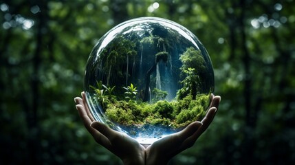 Craft a futuristic photograph of a glass globe encased in a transparent dome, protecting it from the elements, illustrating the importance of safeguarding our planet