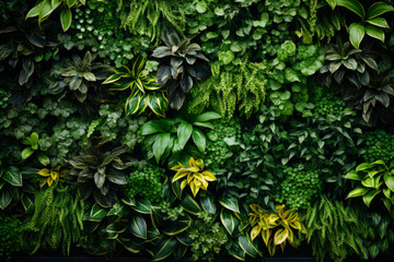 living wall tropical green plants background. Vertical garden