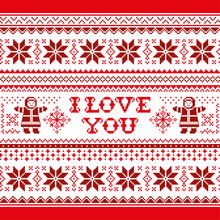 I Love You Vector Greeting Card Pattern In Red Background - Scandinavian Knnitting, Cross-stitch Design, Ugly Christmas Sweater Style
