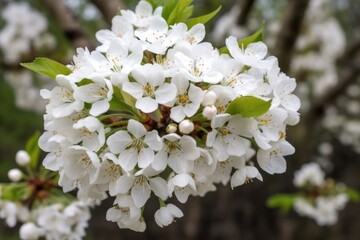 Poster - closeup of white cherry blossoms growing on a tree in nature or a park