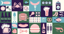 Simple Geometric Background. Mosaic Minimal Beer, Glass, Can, Crab Shrimp, Fish Oyster Octopus, Salmon, Sausages, Hot Dog Simple Bauhaus Style. Beer Pattern