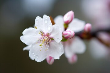 Poster - closeup of a cherry blossom flower and its bud in the spring season