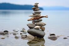 A Tower Of Pebbles Balancing Precariously On A Driftwood Log