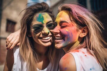 Poster - shot of two friends having fun together outdoors