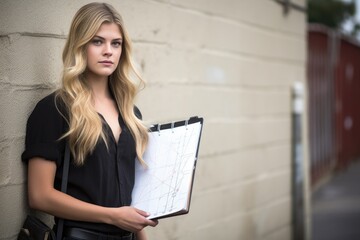 Wall Mural - a young woman holding a clipboard while standing in front of a wall with graphical drawings