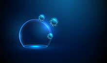 Abstract Blue Viruses Outside A Transparent Glass Dome. Immune System And Virus Protection Concept Low Poly Style Design