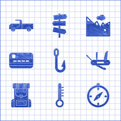 Sticker - Set Fishing hook, Meteorology thermometer, Compass, Swiss army knife, Hiking backpack, Credit card, Mountains and Pickup truck icon. Vector