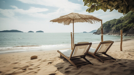 Tropical Beach Paradise with Two Lounge Chairs and Straw Umbrella