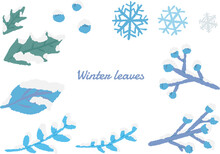 Blue Color Snow-capped Winter Plants And Holly Leaves Decoration, Hand Drawn Illustration Set / 青カラーの雪がかぶった冬の植物とヒイラギの葉の装飾、手描きのイラストセット