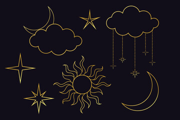 Wall Mural - set of line art illustrations of moon, stars and sun. golden shiny moon, stars and sun. astrology, magic, palmistry, numerology, horoscope, tarot set. mysterious halloween fortune teller set