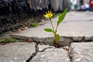 dandelion emerging from cracked urban sidewalk