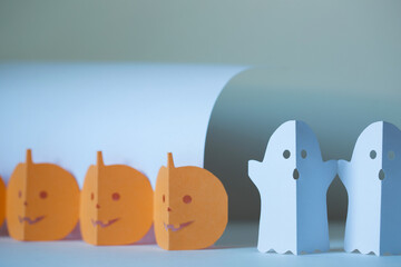 Wall Mural - paper craft for kids. DIY paper parts ghost and pumpkin for halloween decoration garlands. create art for children.