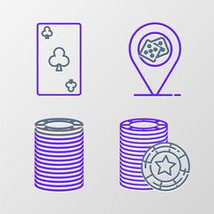 Poster - Set line Casino chips, location and Playing card with clubs symbol icon. Vector