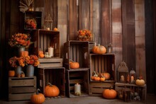 Rustic Wooden Crates With Pumpkins And Lanterns